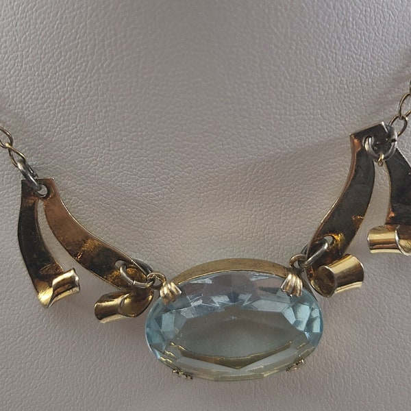 Vintage 1940's Coro Craft Gold on Sterling Choker Necklace Pendant w/Aqua Color Stone