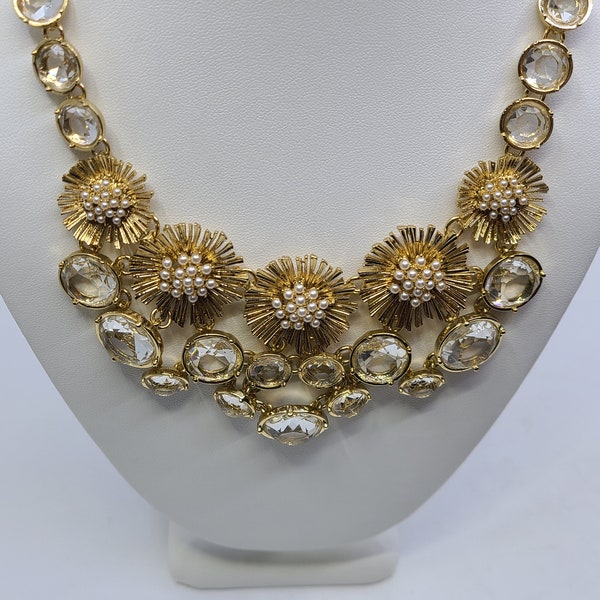 Vintage Fashion Statement Gold Tone Necklace Large Clear Faceted Stones & Faux Pearls