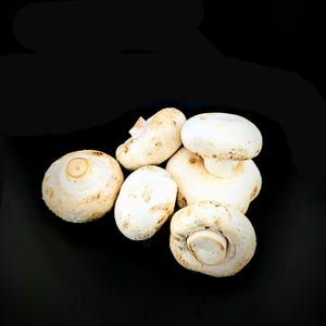 May include: A group of five white button mushrooms on a black background. The mushrooms are arranged in a pile, with the largest mushroom on top.