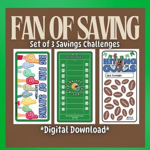 May include: A set of three printable savings challenge charts. The first chart features a football field with the text "Vicking Off Season". The second chart features a football field with the text "Hitting Goals". The third chart features a group of thumbs up with the text "Big Fan of Saving".