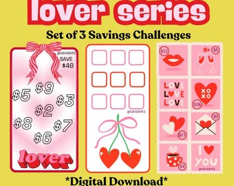 May include: A set of three printable savings challenge cards with a pink and red color scheme. The cards feature a variety of love-themed images, including hearts, cherries, and lips. The text on the cards includes "lover series", "Set of 3 Savings Challenges", "@savsaves", "save", "$40", "love", "xo", "I you", and "*Digital Download*".