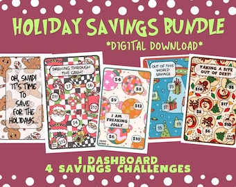May include: A digital download bundle of four printable holiday savings challenges. Each challenge features a festive design with a different theme: "Oh, Snap! It's Time to Save for the Holidays...", "Dashing Through the Cash!", "I Am Freaking Jolly", and "Taking a Bite Out of Debt!"