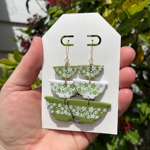 Green Pyrex Bowl Earrings: Crazy Daisy Dangles, Handmade Polymer Clay