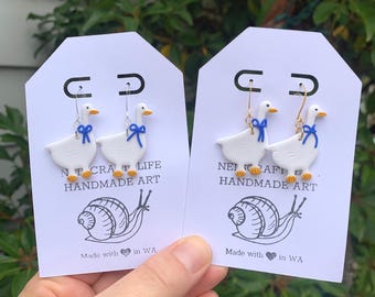 Handmade Vintage Goose Dangle Earrings: Blue Ribbon Polymer Clay