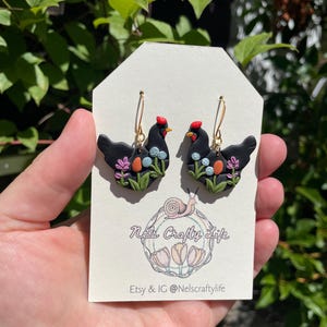 Handmade Black Chicken Earrings: Floral Clay Dangles