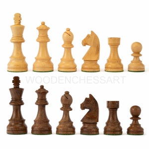 May include: A set of wooden chess pieces, with light and dark wood pieces. The light pieces are made of a light wood, while the dark pieces are made of a darker wood. The pieces are arranged in two rows, with the light pieces on the top row and the dark pieces on the bottom row. The pieces are all in their standard positions, with the king and queen in the center, the rooks on the corners, the knights on the sides, and the bishops in the middle.