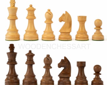May include: A set of wooden chess pieces, with light and dark wood pieces. The light pieces are made of a light wood, while the dark pieces are made of a darker wood. The pieces are arranged in two rows, with the light pieces on the top row and the dark pieces on the bottom row. The pieces are all in their standard positions, with the king and queen in the center, the rooks on the corners, the knights on the sides, and the bishops in the middle.