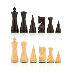 May include: A set of black and white wooden chess pieces. The black pieces are made of dark wood and have a smooth finish. The white pieces are made of light wood and have a slightly rougher finish.