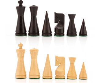 May include: A set of black and white wooden chess pieces. The black pieces are made of dark wood and have a smooth finish. The white pieces are made of light wood and have a slightly rougher finish.