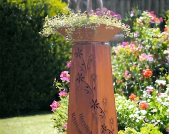 Dekosäule  Herzlich Willkommen Handmade Geschenkidee Rost Säule mit abnehmbarer Blumenschale Gartendeko Metall