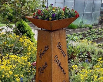 Dekosäule mit abnehmbarer Pflanzschale 89cm  Gartendeko Rost Säule mit Schriftzug personalisierte Geschenkidee Metall Säule