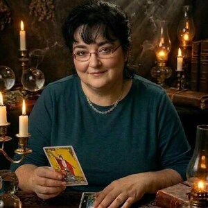 May include: A person with dark hair and glasses wearing a dark teal long-sleeved shirt, holding a tarot card featuring a figure in a red robe. The scene includes multiple lit candles, glass spheres, and vintage oil lamps on a dark wooden table.