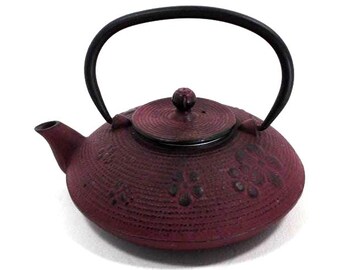 Japanese Cast Iron Ceremonial Teapot – Red Tetsubin with Textured Floral Motif