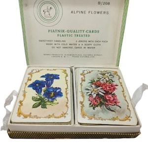 Vintage double deck mid-century playing cards, canasta, family fun, card games, Alpine Flower designs, washable playing cards, red and blue