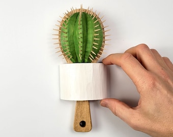 Cactus as a hairbrush, wooden bas-relief of a cactus in a pot, decorative wall decoration, botanical joke, funny sculptures my work of art