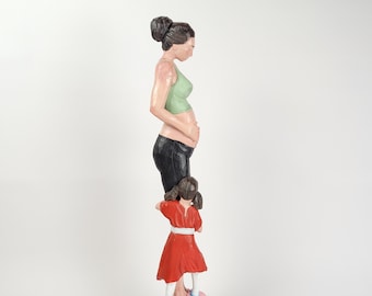 Pregnant woman in art, wooden sculpture of mother and daughter, loving family, unusual gift
