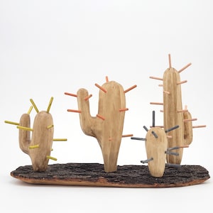 Wooden  decoration for window sill and shelf, carved wood cactti fot home decoration, home flower decorative detail