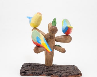 Handmade Linden Wood Bird Sculpture, Colorful Whimsical Tree