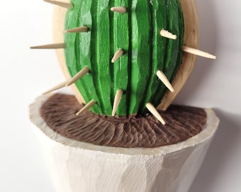 Cactus with a pot, Wooden sculpture, Cactus disguised as a hairbrush, wall decor, plant joke, my little work of art :)