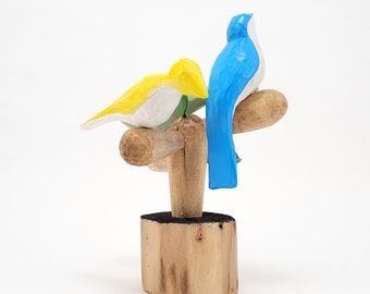 Handmade Wooden Bird Sculpture, Colorful Tree Decor