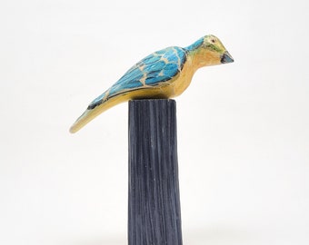 Handmade Linden Wood Carved Bird, Orange Breasted Bunting Figurine