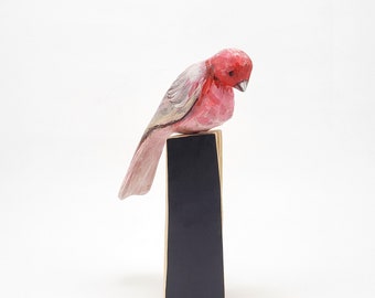 Wooden bird, handcrafted wood carving, decorative statue for the bird lover, Sinai Rosefinch,