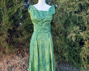1950s-1960s green floral leafy brocade formal cocktail maxi dress with bow