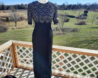 1980s stunning beaded sequin formal maxi dress prom, homecoming, costume, cosplay