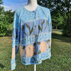 Y2K blue and yellow floral tulip and sunflower spring cardigan