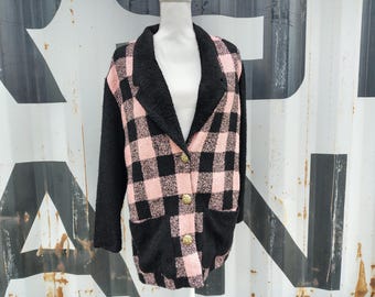 Vintage 1980s Carole Little pink and black plaid blazer coat funky