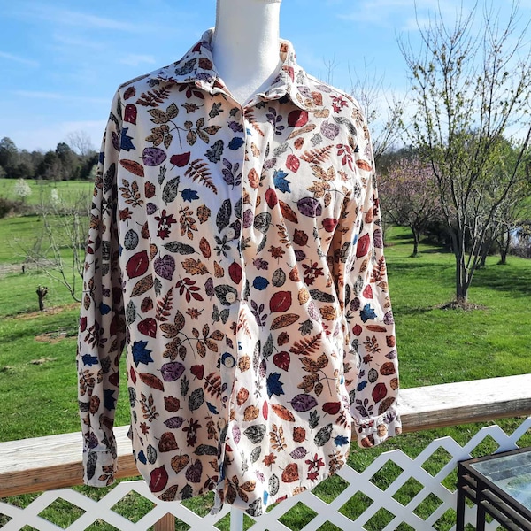 1970s corduroy beige Fall Autumn Thanksgiving leaf print button up blouse