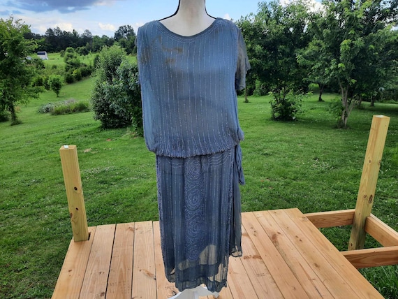 1920s antique blue sequin flapper beaded dress - image 1