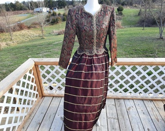 1980s-1990s maroon red and gold striped paisley formal dress