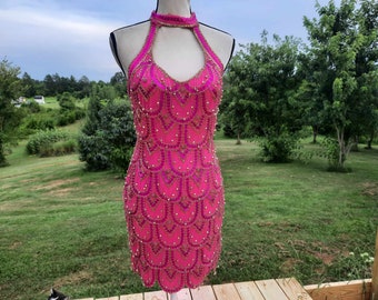 1990s stunning beaded sequin hot pink formal sexy halter neck party dress, prom, homecoming