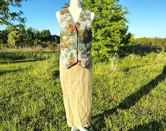 1980s/90s Liz Claiborne beige skirt Tapestry Vest Womens Blue Brown Mountain River DeerWaistcoat set
