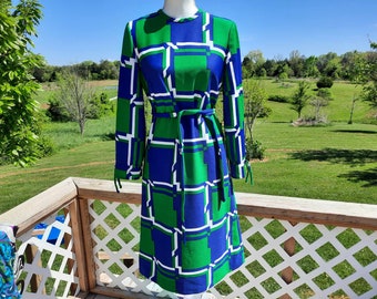 1970s blue, green, and white color block vibrant midi abstract dress mod