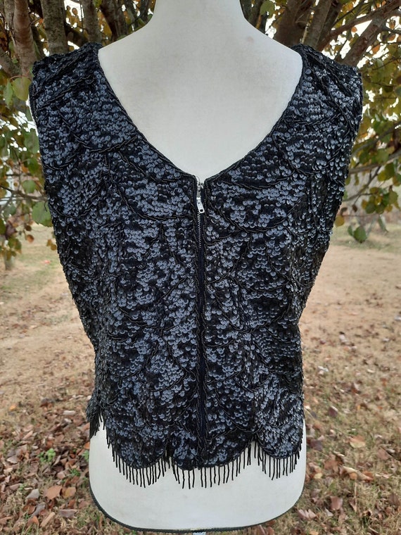 Stunning 1960s black sequin beaded tank top, blou… - image 3