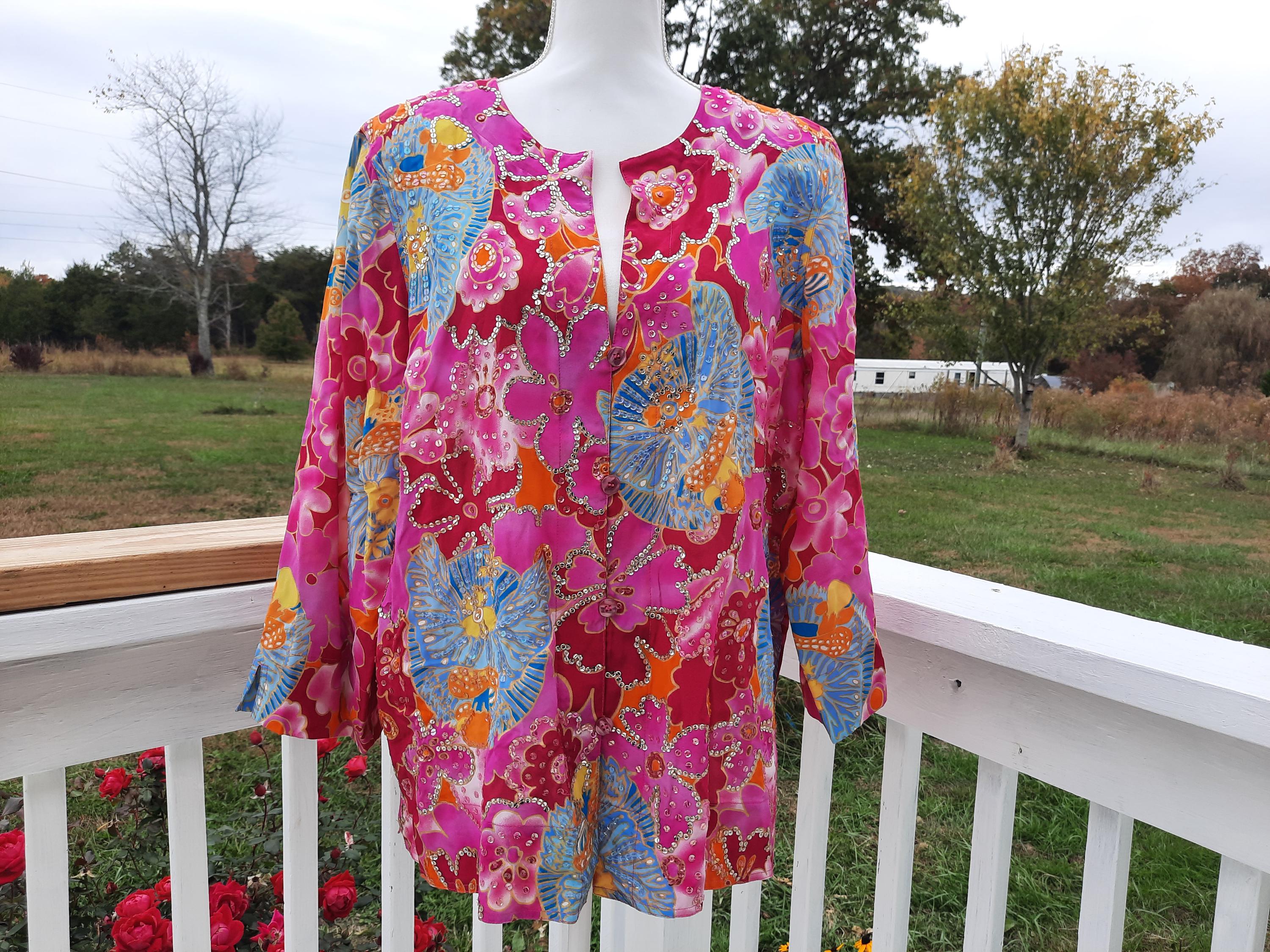 Robe Diane Gilman Vintage 100% Soie - Motif Feuilles Multicolore Avec Paillettes Au Col - Taille M - Neuf Sans étiquette