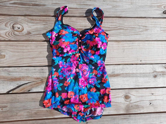1980s-1990s vibrant floral cute one-piece bathing… - image 1