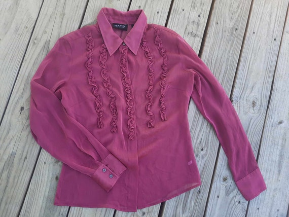 Y2K pink sheer ruffled button up blouse - image 2