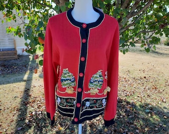Deadstock Victoria Jones red, black, gold, and green Christmas tree cardigan floral embroidered