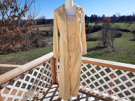 1970s yellow and beige plaid jumpsuit with match … - image 1