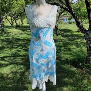 Y2K light blue and white quilt pattern floral spring My Michelle dress