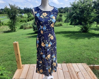 1990s-Y2k floral blue and yellow midi sleeveless dress