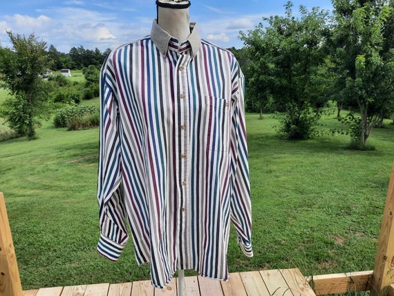 1990s mens white, brown, red, and green striped b… - image 1