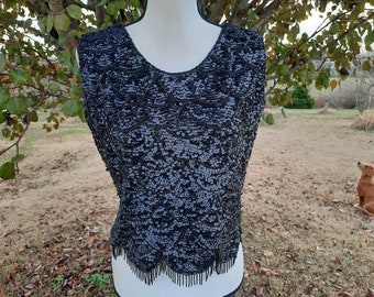 Stunning 1960s black sequin beaded tank top, blouse, party, holidays, new years eve