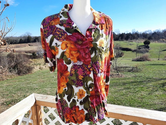 1980s floral vibrant summer spring button up shor… - image 1