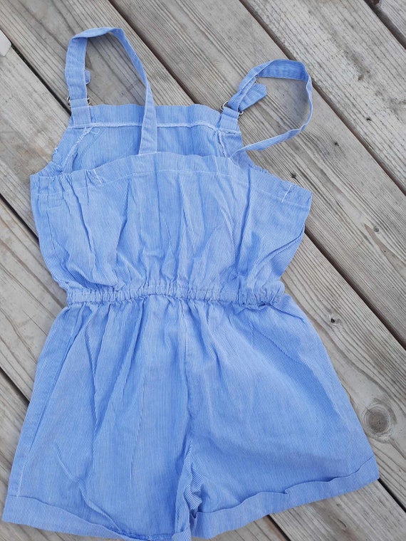 1980s blue and white striped short overalls - image 2