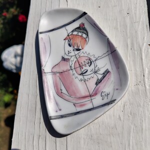 Vintage Mid-Century Hand Painted Italian Art Pottery Dish signed, Italy collectible couple mod