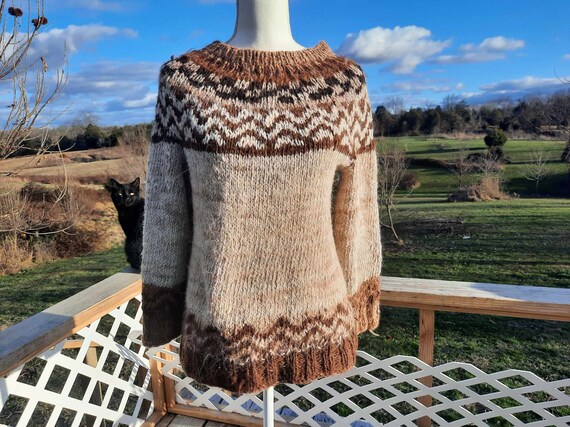 vintage homemade brown and beige knitted pullover… - image 1